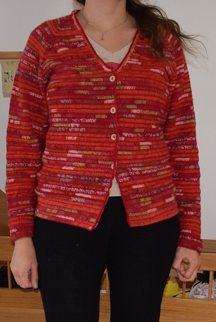 Eine Person trägt eine leuchtend rote, mehrfarbige Strickjacke mit Knopfleiste und schwarze Hosen. Die Szene spielt sich drinnen ab, mit neutralen Wänden und hellen Holzmöbeln.