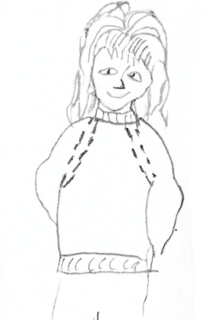 Zeichnung einer lächelnden Person mit langen Haaren, die einen gemusterten Pullover trägt. Der Zeichenstil ist einfach und verspielt und vermittelt eine fröhliche Stimmung.