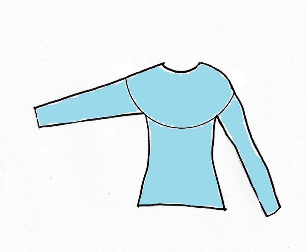 Einfache Illustration eines hellblauen Langarmshirts mit rundem Ausschnitt. Ein Ärmel ist ausgestreckt, was einen lässigen Stil vermittelt.