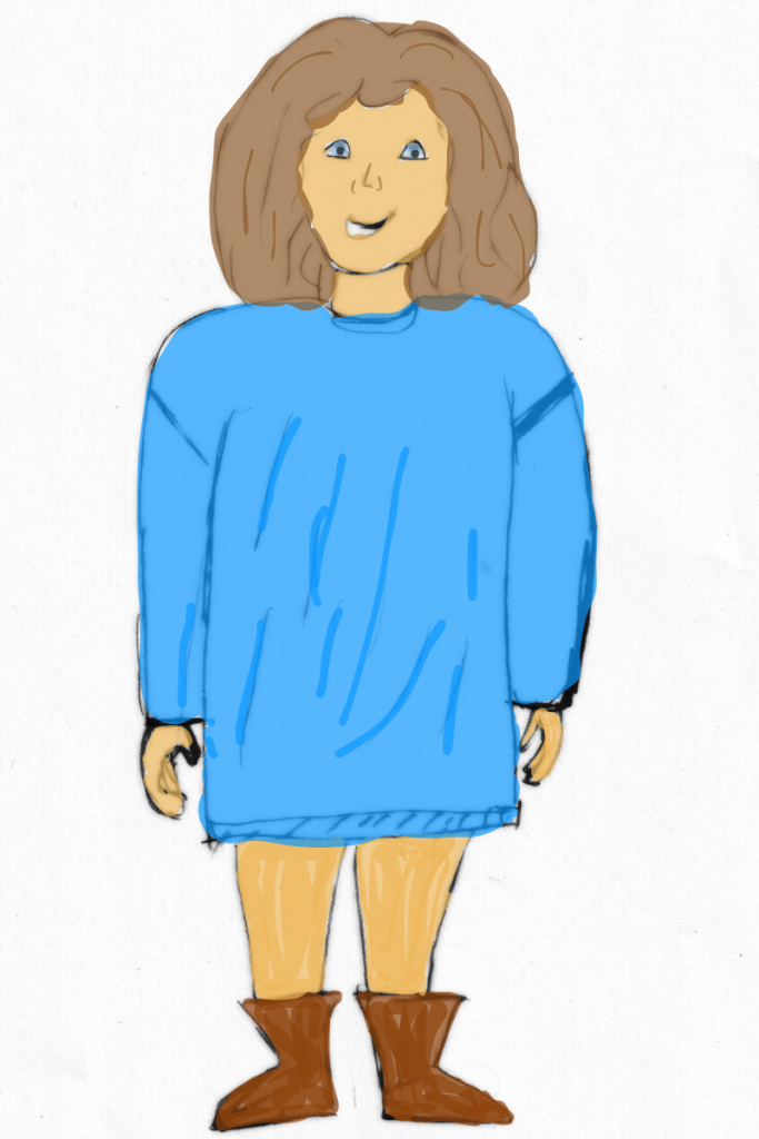 Eine kindliche Zeichnung einer lächelnden Person mit braunen Haaren, die einen blauen, übergroßen Pullover und braune Stiefel trägt und eine warme, fröhliche Stimmung vermittelt.